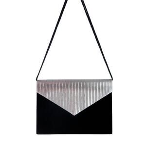 90s Caryl Brill for Bueno Black Velvet Silver Lamé Envelope Clutch Shoulder Bag